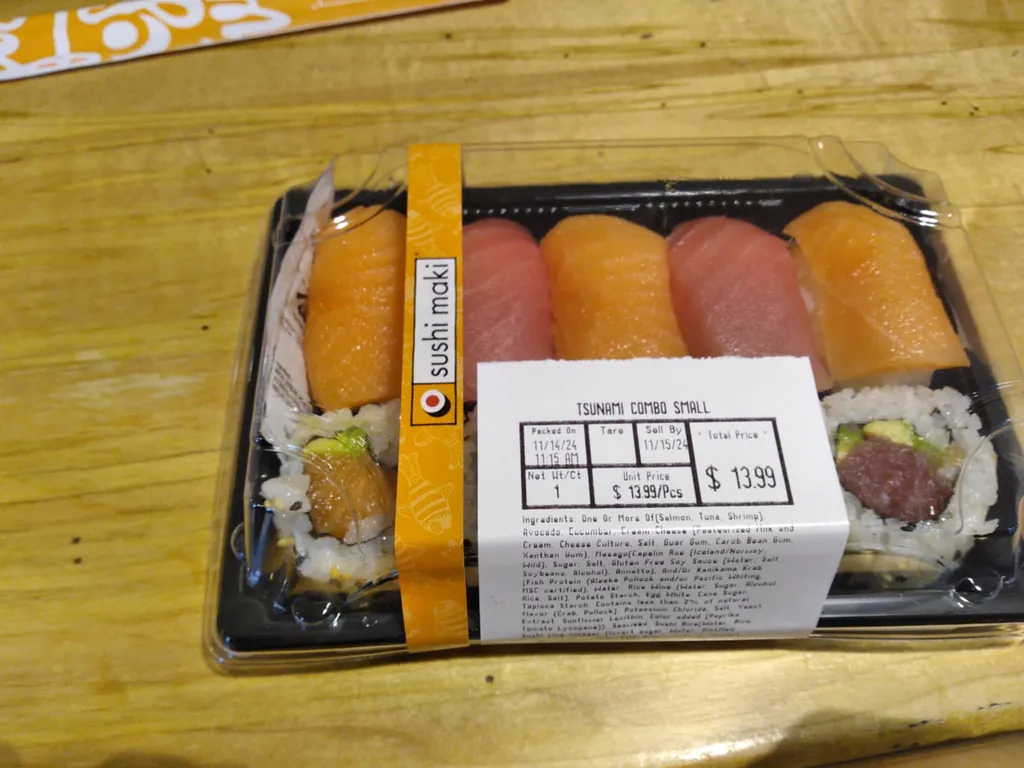 A tray of sushi from the market.