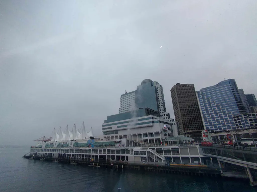 Canada Place, half lost in fog.